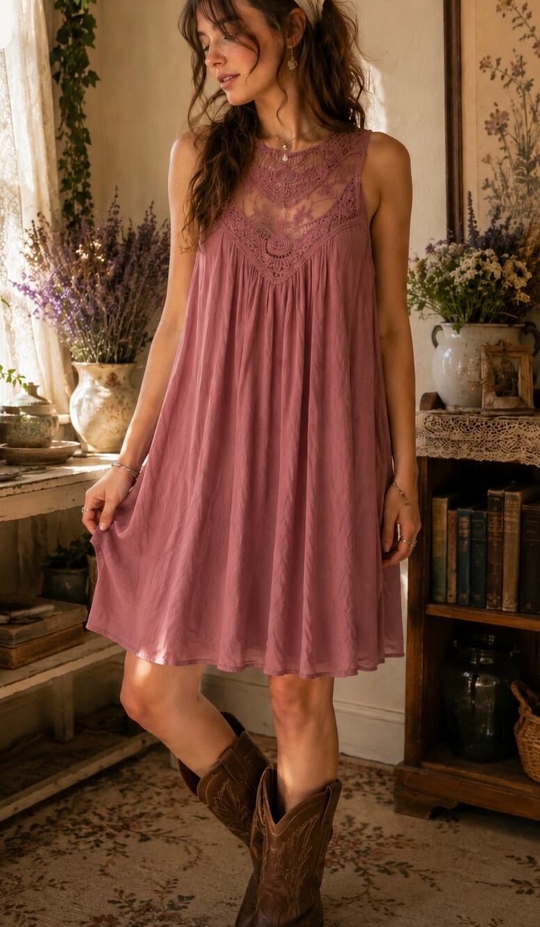 Vintage Rue21 Mauve Crochet Lace Yoke Swing Dress XS Boho Festival Mini Dress